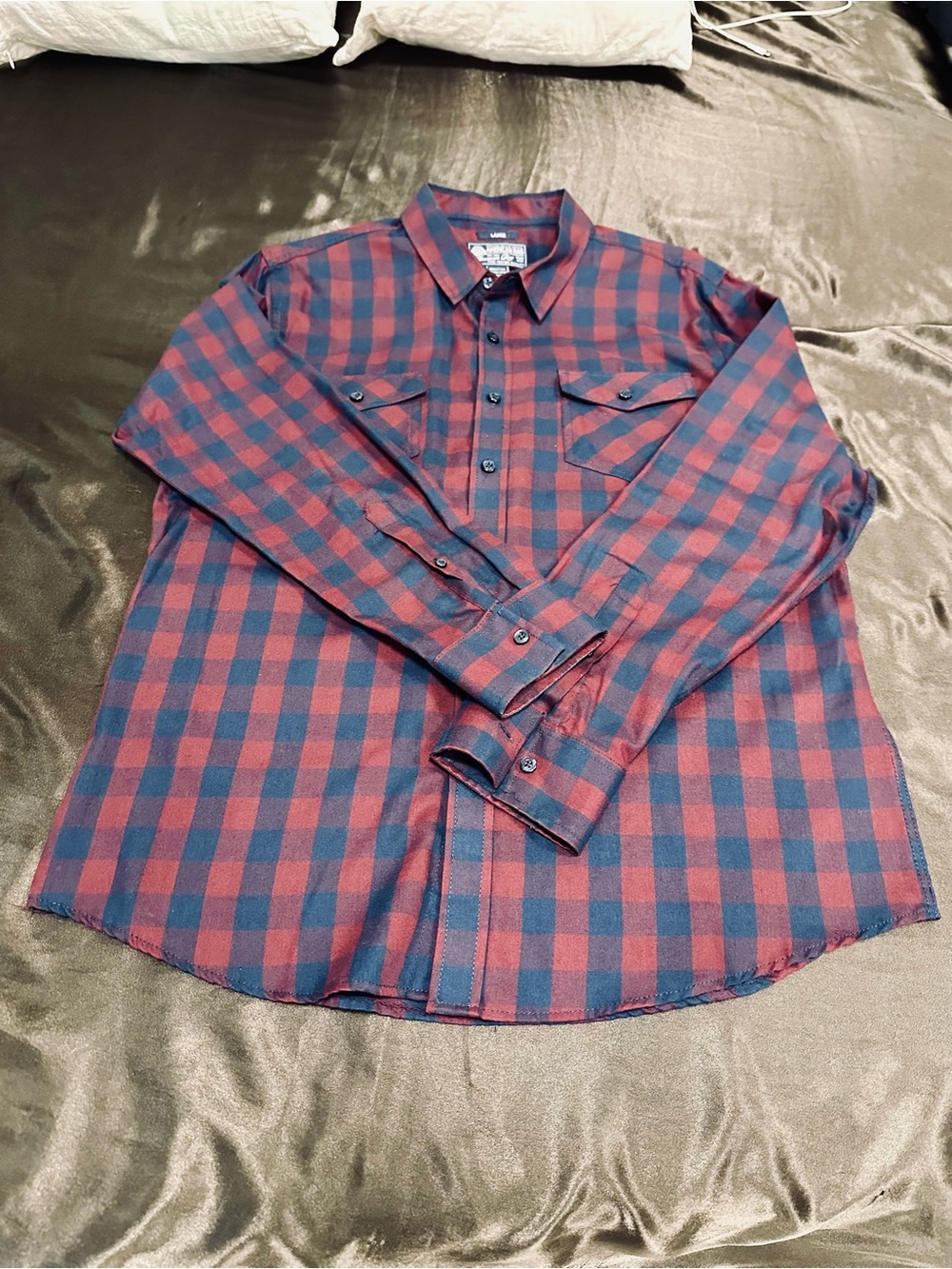 Vtg Classic American Rag Red and Navy Plaid Button-Down Checkered Shirt Size L